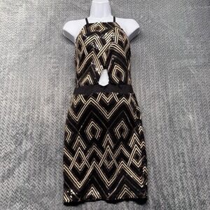 Charlotte Russe Sequin Halter Dress Women's Large Black Gold Art Deco Party